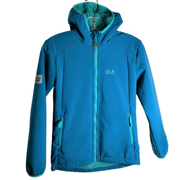 Girls' Teal & Green Jack Wolfskin Fleece Lined Jacket, Size 14, w/Reflectors - Picture 1 of 15